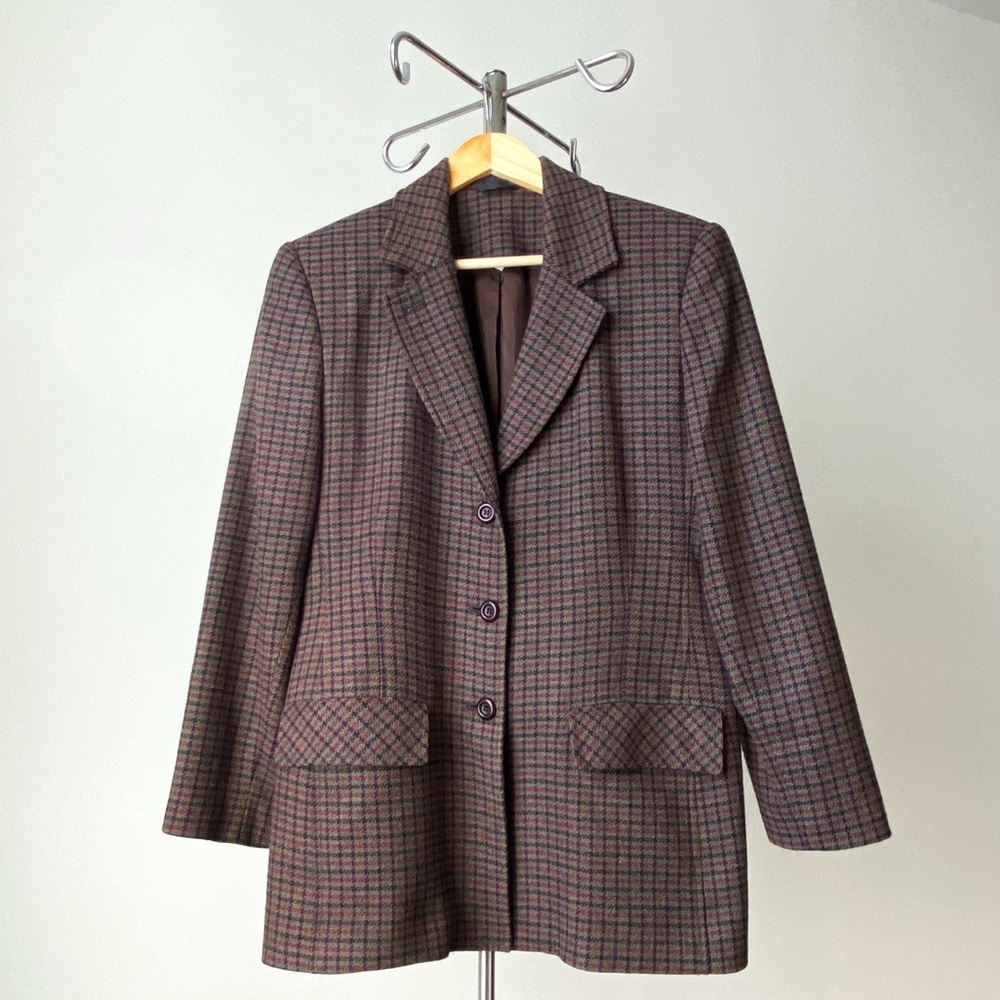 🍂 90s Vintage Brown Burgundy Plaid Structured Academia Preppy Minimalist Blazer